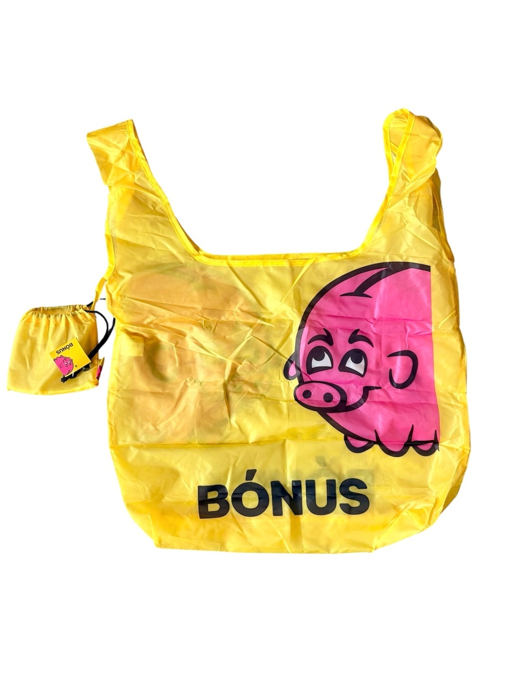 NWT Bonus Iceland  Shopping Bag Tote with Pouch Pink Pig Reusable Foldable